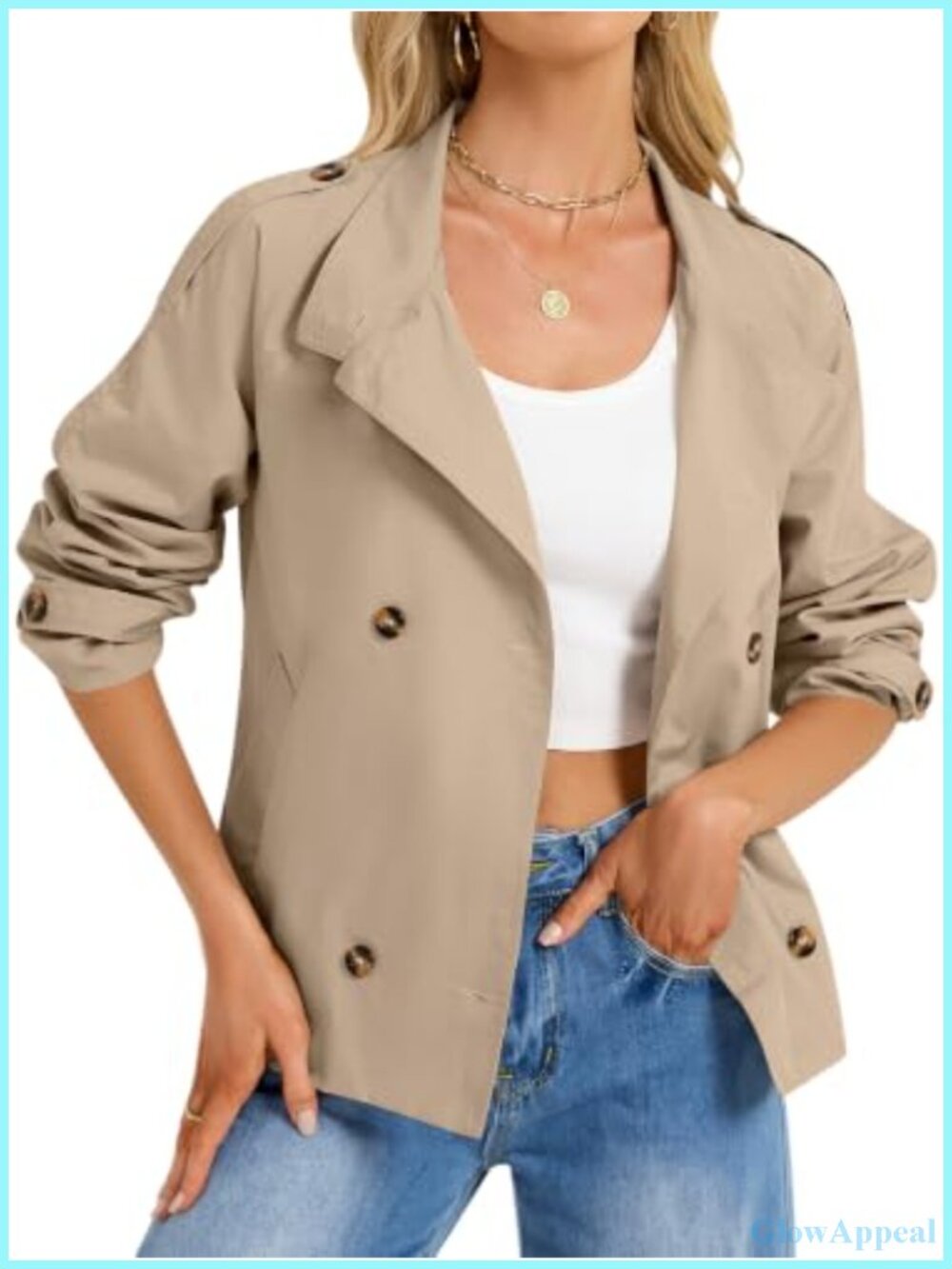 Cropped Trench Coat Double Breasted High Collar Short Outfit